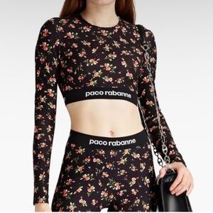 Paco Rabanne Logo Band Crop Top | Black Rose Print Size Medium